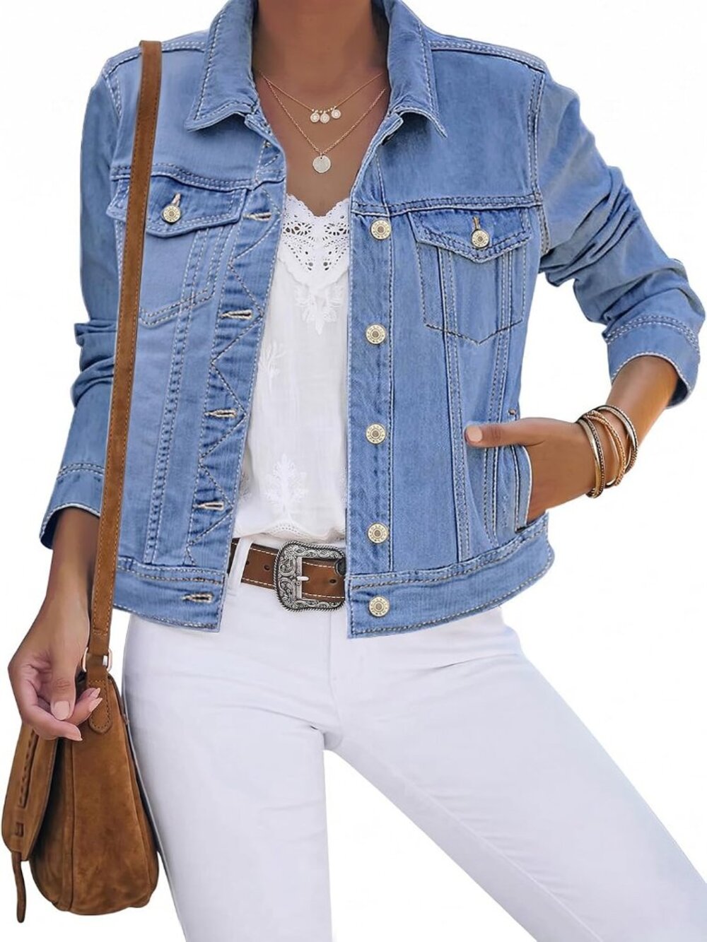 Women's Medium Blue Cotton Button Down Stretch Fitted Long Sleeve Jean Jacket